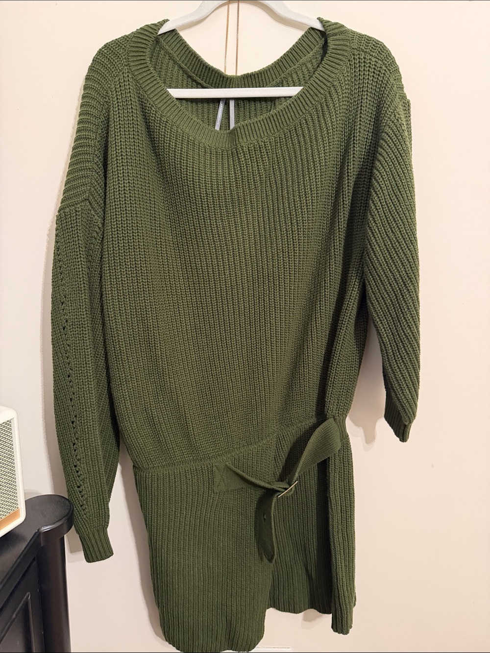 Anthropologie Olive Ribbed Knit Belted V-Neck Sweater Dress
